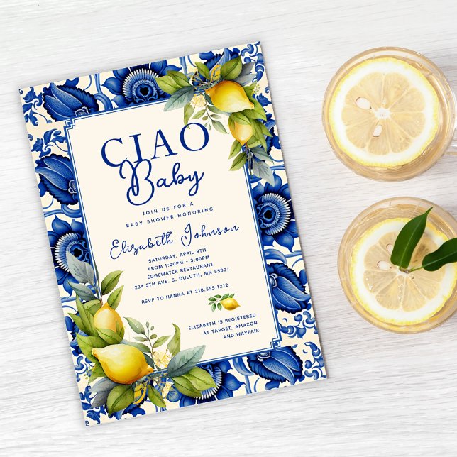 Convite Ciao Baby Blue Tile Yellow Lemons Chamada de Bebê (Criador carregado)