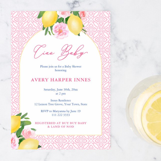 Convite Ciao Baby Italiana Inspirou Limões Chá de fraldas  (Ciao Baby Girl! Italian inspired Pink tiles, lemons & florals baby shower party invitation design)
