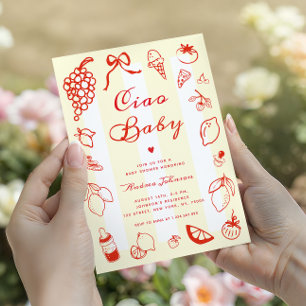 Convite Ciao Baby Italiano Limão Desenhado à Mão Chá de Be