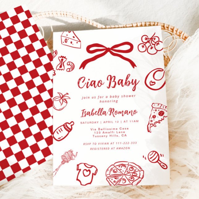Convite Ciao Baby Italin Hand drawn Pizza Baby shower (Criador carregado)