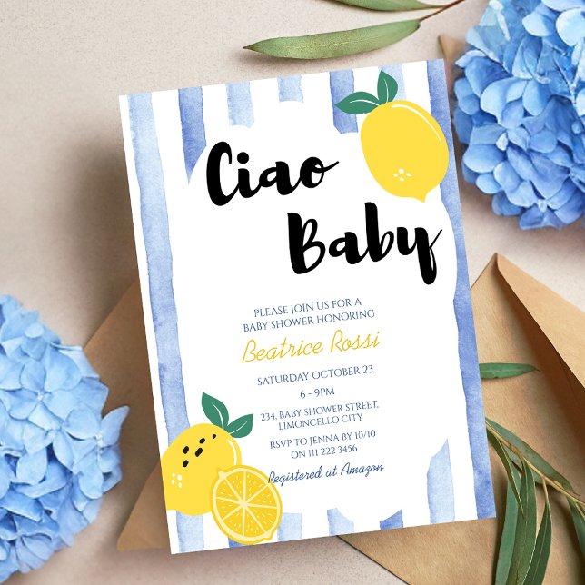 Convite Ciao Baby Italy Whimsical Lemon Chá de fraldas (Ciao Baby Italian Whimsical Lemon Baby Shower Invitation)