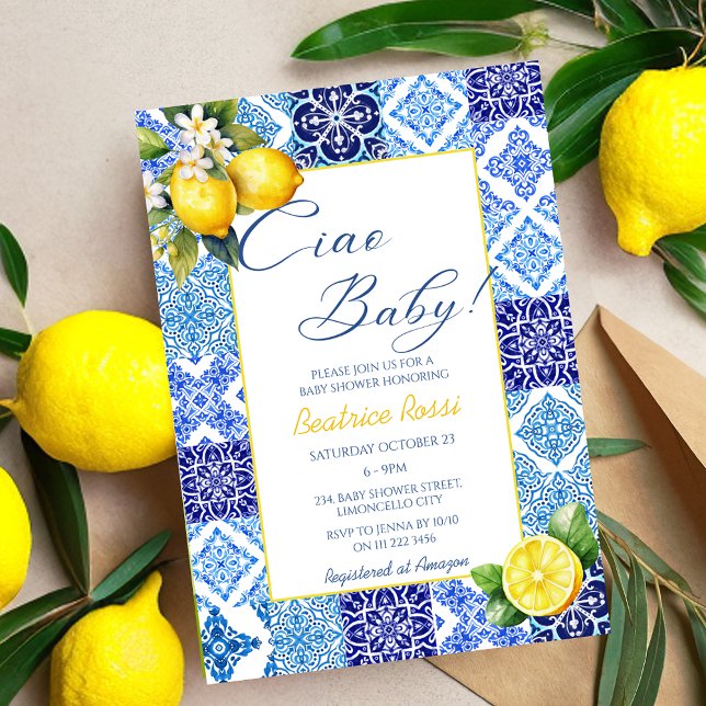 Convite Ciao Baby Lemon Blue Azulejos Itália Chá de fralda (Ciao Baby Lemon Blue Tiles Italian Baby Shower Invitations)