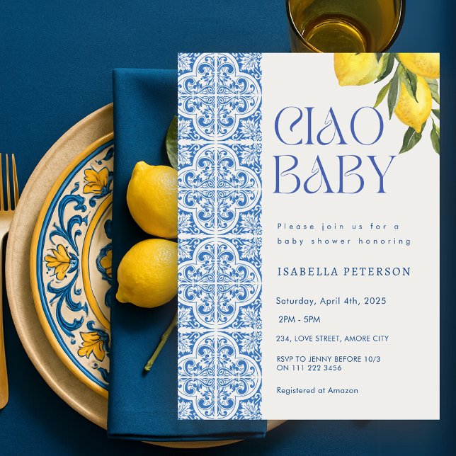 Convite Ciao Baby Lemon Chá de fraldas mediterrânico itali (Ciao Baby Lemon Italian Mediterranean Baby Shower Invitation)