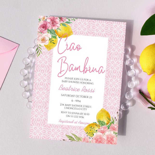 Convite Ciao Baby Lemon Girl Pink Italiana Chá de fraldas (Ciao Baby Lemon Girl Pink Italian Baby Shower Invitation)