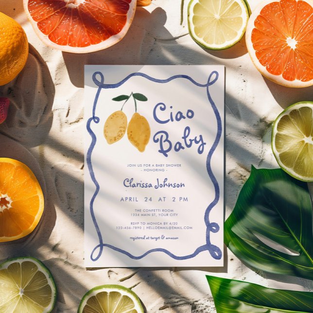 Convite Ciao Baby Lemon Italiano Amalfi Chá de fraldas (Hello Baby Lemon Baby Shower Invite)