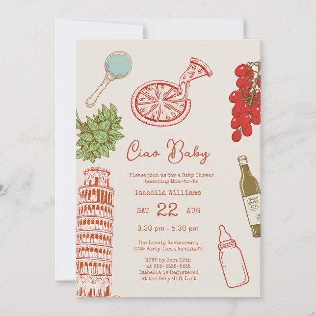 Convite Ciao Baby Line Art Pizza All In One Baby Shower (Frente)