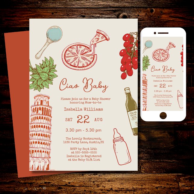 Convite Ciao Baby Line Work Italian Pizza Baby Shower (Criador carregado)