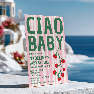 Convite Ciao Baby Shower Italiano Listra Rosa Verde Retrô