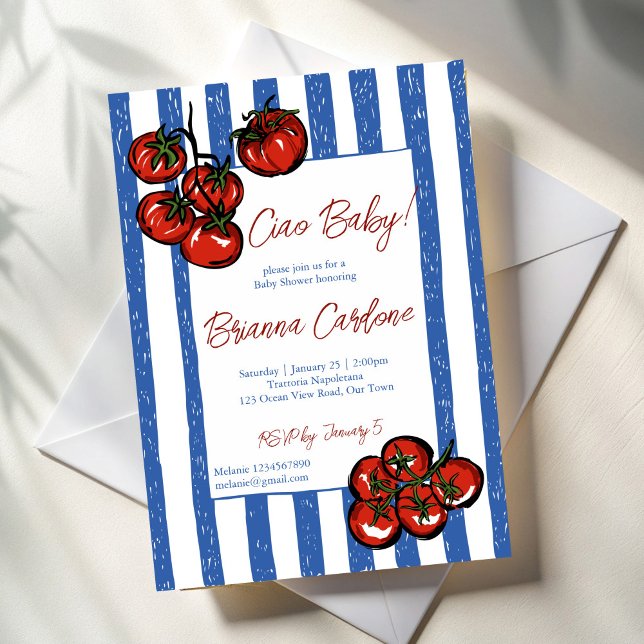 Convite Ciao baby tomato blue stripes Italian baby shower (Ciao baby cherry tomato blue stripes Italian baby shower Invitation cards template)