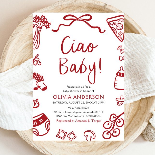 Convite Ciao Baby Whimsic Italiane Pizza Chá de fraldas (Watercolor Ciao Baby Whimsical Italian Pizza Cute Baby Shower Invitation)