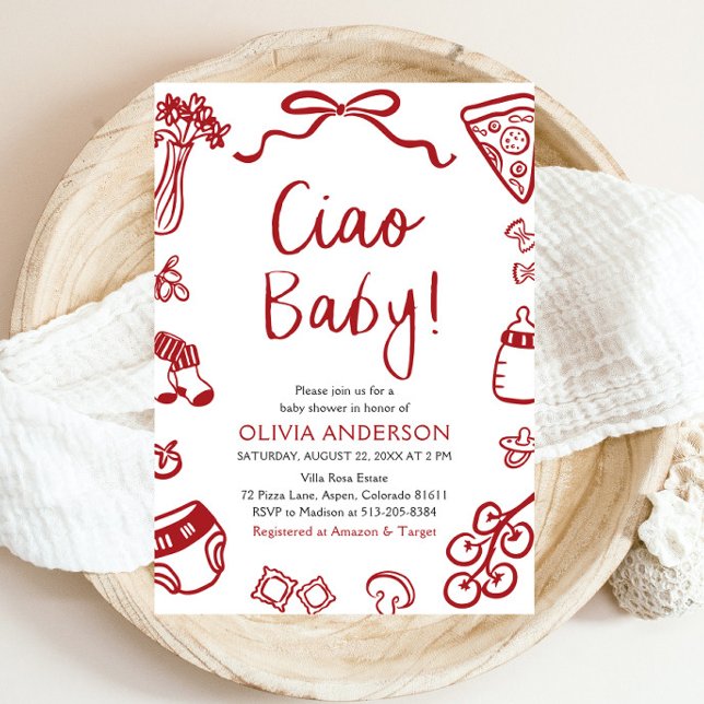 Convite Ciao Baby Whimsic Italiane Pizza Chá de fraldas (Watercolor Ciao Baby Whimsical Italian Pizza Cute Baby Shower Invitation)