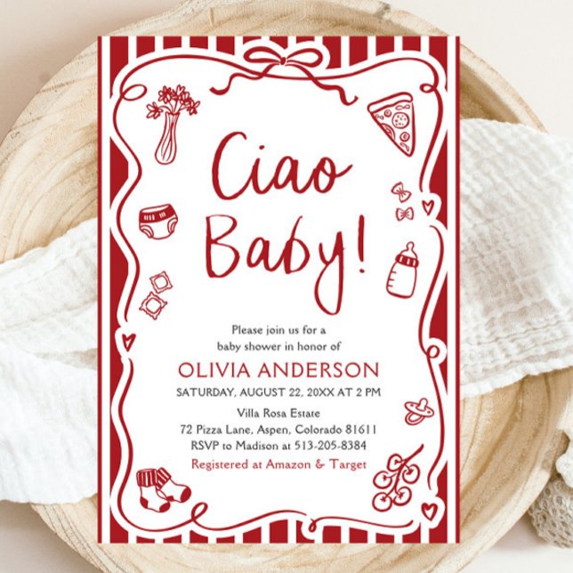 Convite Ciao Baby Whimsic Italiane Pizza Chá de fraldas (Watercolor Ciao Baby Whimsical Italian Pizza Cute Baby Shower Invitation)
