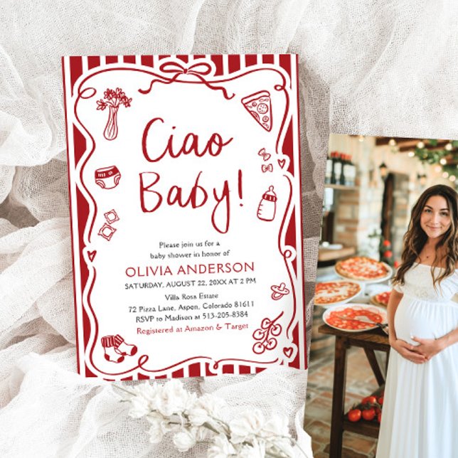 Convite Ciao Baby Whimsic Italiane Pizza Chá de fraldas (Watercolor Ciao Baby Whimsical Italian Pizza Cute Baby Shower Invitation)