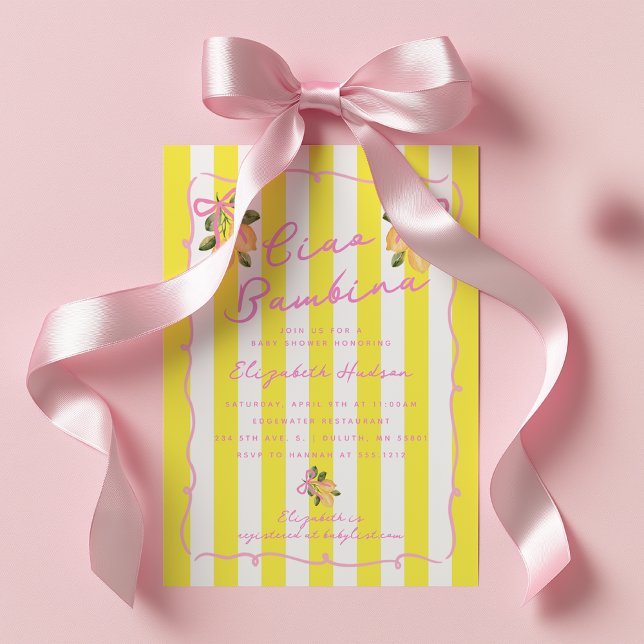 Convite Ciao Bambina Yellow Stripe Lemon Baby Shower (Ciao Bambina baby shower invite Lemon garden baby shower invite)