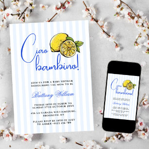 Convite Ciao Bambino Citrus Chá de fraldas Azul Italiano