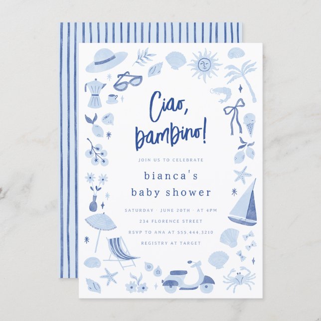 Convite Ciao Bambino Italian Blue Boy Baby Shower (Frente/Verso)