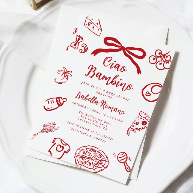 Convite Ciao Bambino Italian Hand drawn Pizza Baby shower (Criador carregado)