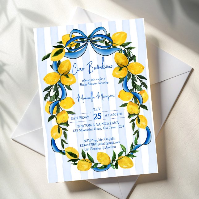 Convite Ciao bambino limões arco azul chá de fraldas itali (Ciao bambino lemons blue bow stripped Italian baby shower Invitation cards template)