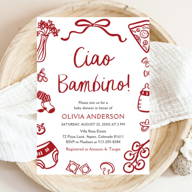 Convite Ciao Bambino Whimsical Italiana Pizza Chá de frald (Watercolor Ciao Bambino Whimsical Italian Pizza Baby Shower Invitation)