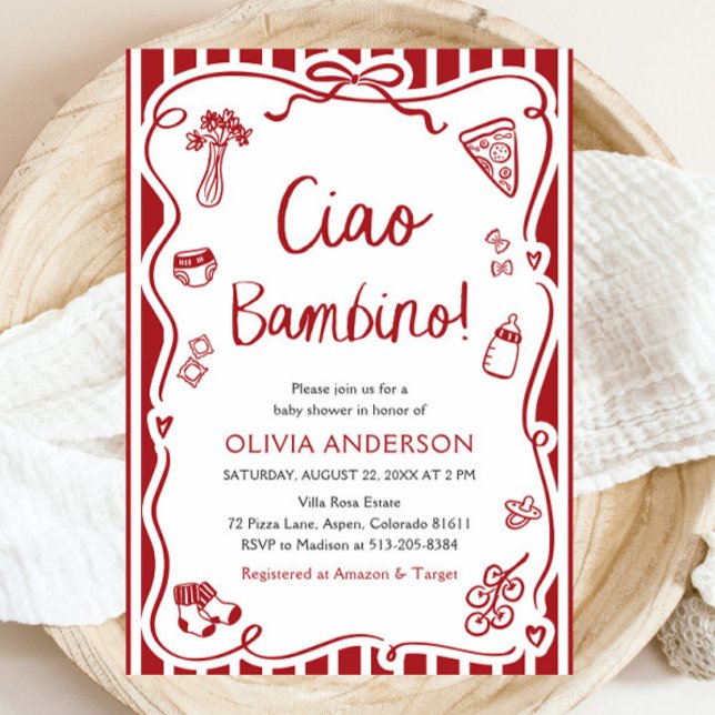 Convite Ciao Bambino Whimsical Italiana Pizza Chá de frald (Watercolor Ciao Bambino Whimsical Italian Pizza Baby Shower Invitation)