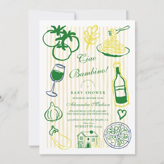 Convite Ciao Bambino Yellow Strike Chá de fraldas (Frente)