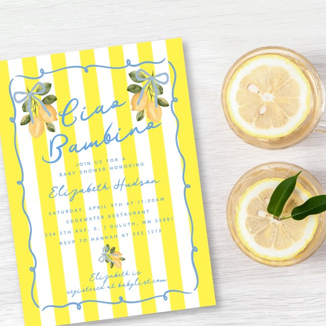 Convite Ciao Bambino Yellow Stripe Blue Lemon Baby Shower (Ciao Bambino Yellow Stripe Blue Lemon Baby Shower Invitation)