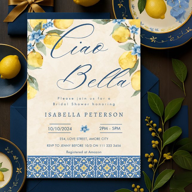 Convite Ciao Bella Azulejo Azul Italiano Chá de panela (Ciao Bella Italian Blue Tiles Bridal Shower Invitation)