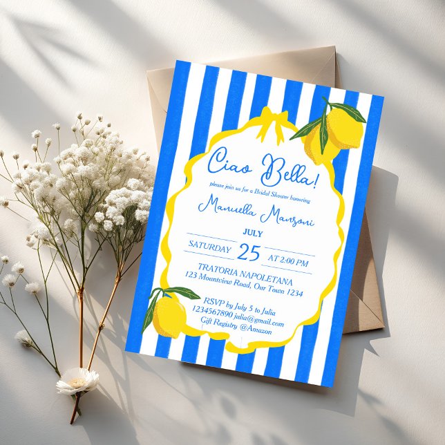Convite Ciao bella Blue stripes limons chá de panela (Ciao bella blue stripes wavy border lemons quirky Italian bridal shower invitation template)