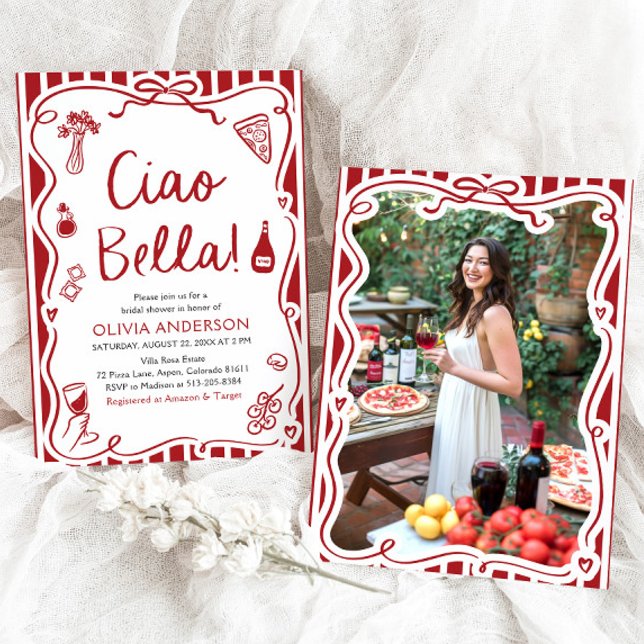Convite Ciao Bella Chá de panela de Pizza Italiana Desenha (Watercolor Ciao Bella Hand Drawn Italian Pizza Pasta Wine Bridal Shower Invitation)