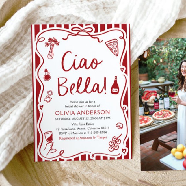 Convite Ciao Bella Chá de panela de Pizza Italiana Desenha (Watercolor Ciao Bella Hand Drawn Italian Pizza Pasta Wine Bridal Shower Invitation)