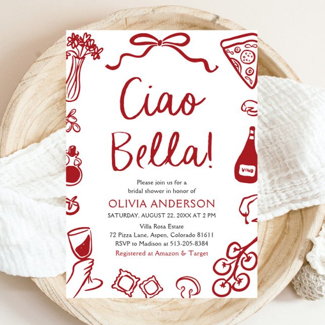 Convite Ciao Bella Chá de panela de Pizza Italiana Desenha (Red Italian Ciao Bella Whimsical Hand Drawn Pizza Pasta Wine Bridal Shower Invitation)