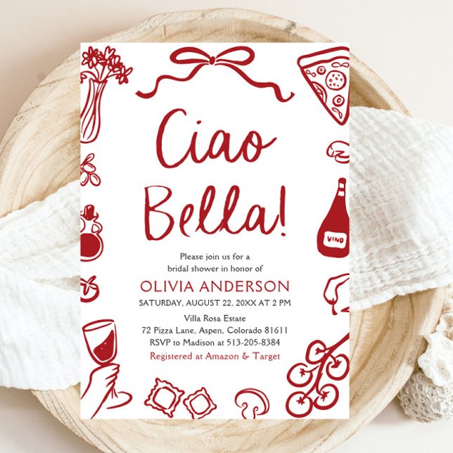 Convite Ciao Bella Chá de panela de Pizza Italiana Desenha (Red Italian Ciao Bella Whimsical Hand Drawn Pizza Pasta Wine Bridal Shower Invitation)