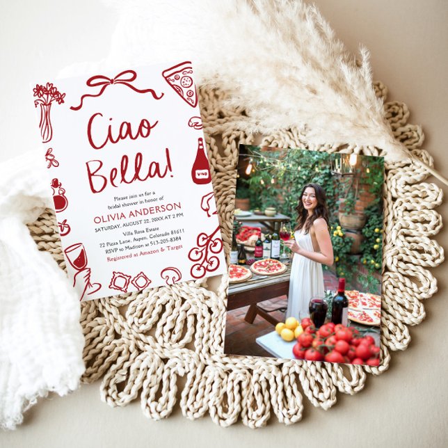 Convite Ciao Bella Chá de panela de Pizza Italiana Desenha (Red Italian Ciao Bella Whimsical Hand Drawn Pizza Pasta Wine Bridal Shower Invitation)