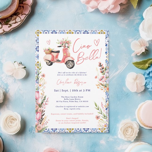 Convite Ciao Bella Patinete italiano Chá de panela floral (Ciao Bella Italian Scooter Floral Bridal Shower Invitation)