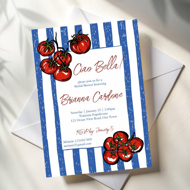 Convite Ciao bella tomato blue Italian bridal shower (Ciao bella tomato blue stripes Italian bridal shower Invitation cards template retro farmers market)