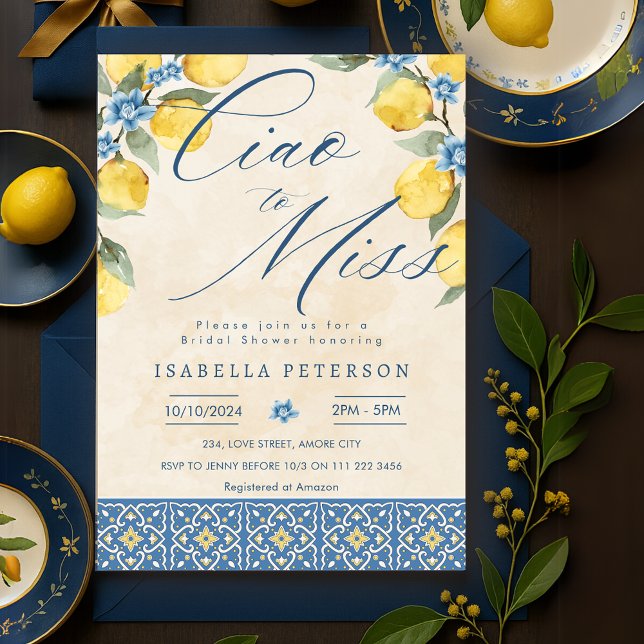Convite Ciao para Miss Chá de panela Azul Italiano (Ciao to Miss Italian Blue Tiles Bridal Shower Invitation)