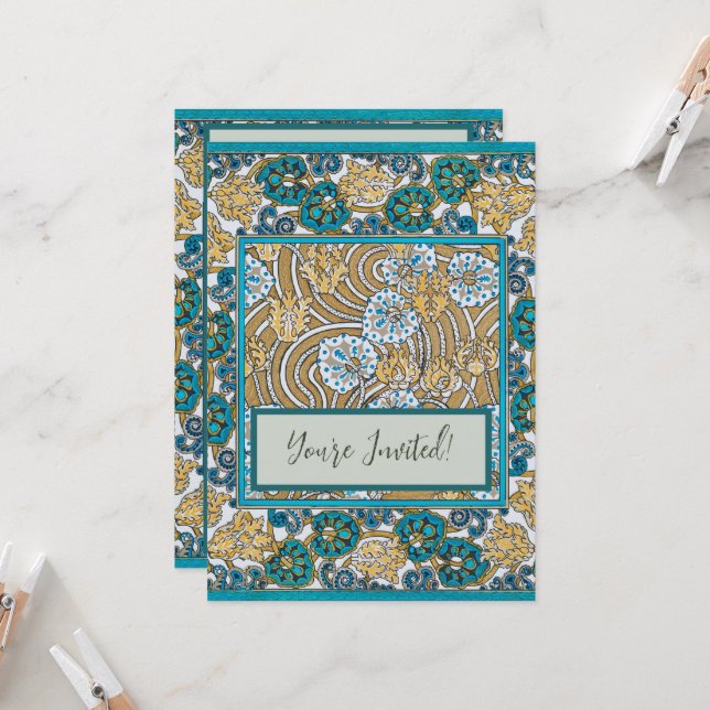 Convite ciclamen azul arte nova flor botânica (Frente/Verso In Situ)