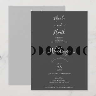 Convite Ciclos das Fases Lunares Casamento Preto Cinza e B