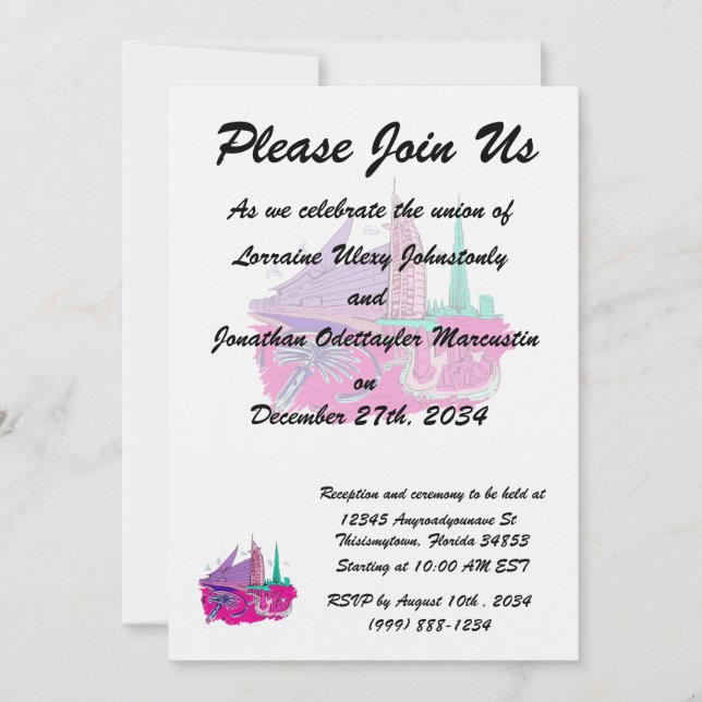 Convite cidade de Dubai sem viagem gráfico cor-de-rosa des (Frente)