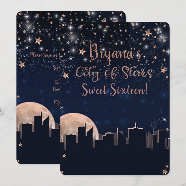 Convite Cidade de Estrelas Dourado Rosa Estrelas Azul Céu  (Frente/Verso)