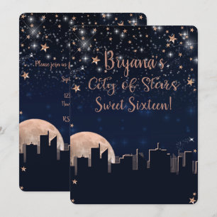 Convite Cidade de Estrelas Dourado Rosa Estrelas Azul Céu 