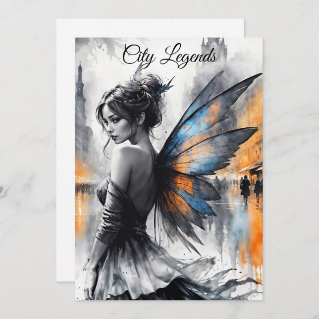 Convite Cidade mágica da noite da fada de aquarela (Frente/Verso)