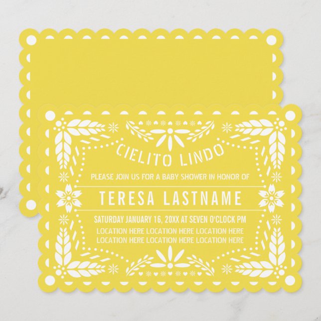 Convite Cielito lindo amarelo papel picado chá de fraldas (Frente/Verso)