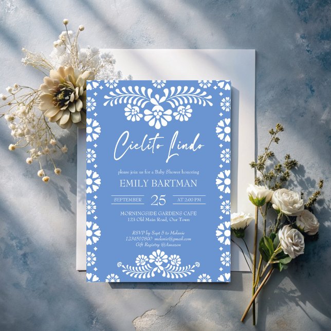Convite Cielito lindo azul empoeirado chá de fraldas mexic (Cielito lindo dusty blue Mexican baby shower Invitation)