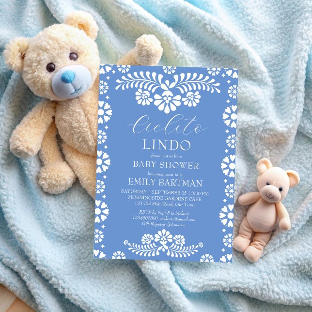 Convite Cielito lindo azul empoeirado chá de fraldas mexic (Cielito lindo dusty blue Mexican boy baby shower Invitation template papel picado Mexican fiesta)