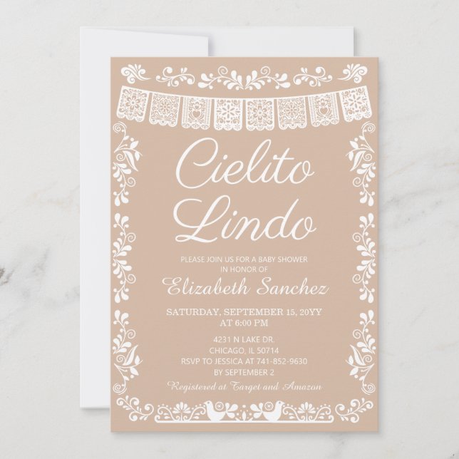 Convite Cielito Lindo Bege Papel Picado Chá de Bebê (Frente)
