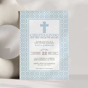 Convite Cielito Lindo Cruz Floral Religiosa Azul Menino