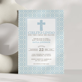 Convite Cielito Lindo Cruz Floral Religiosa Azul Menino