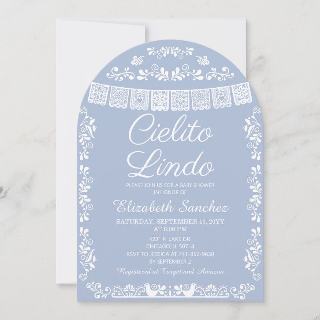 Convite Cielito Lindo Dusty Blue Papel Picado Baby Shower (Frente)
