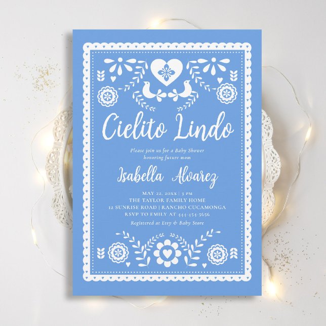 Convite Cielito Lindo Mexican Picado Heart Baby Shower (cielito lindo baby shower invitation mexican papel picado heart blue rancho fiesta elegant classy)